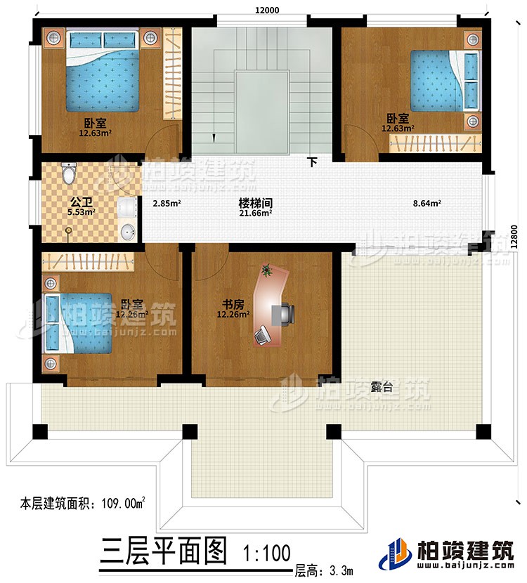 三層：3臥室、樓梯間、書房、公衛(wèi)、露臺(tái)