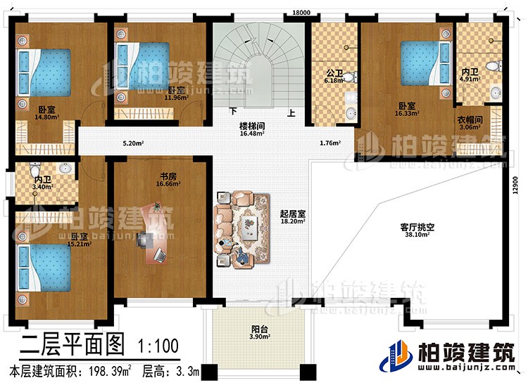 二層：起居室、客廳挑空、4臥室、書房、樓梯間、衣帽間、公衛(wèi)、2內(nèi)衛(wèi)