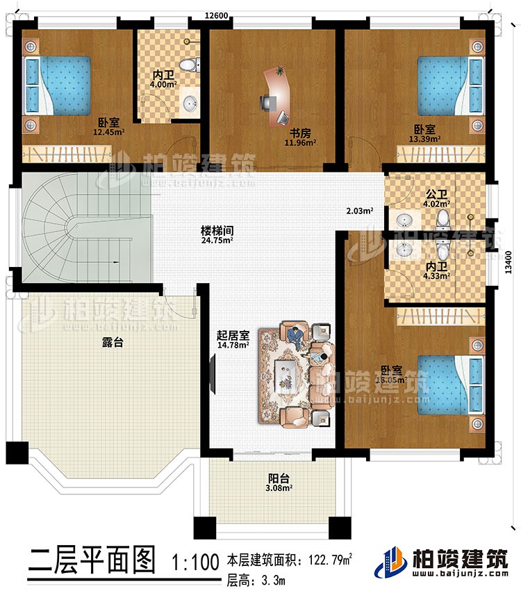 二層：樓梯間、起居室、3臥室、書房、2內(nèi)衛(wèi)、公衛(wèi)、露臺(tái)、陽臺(tái)