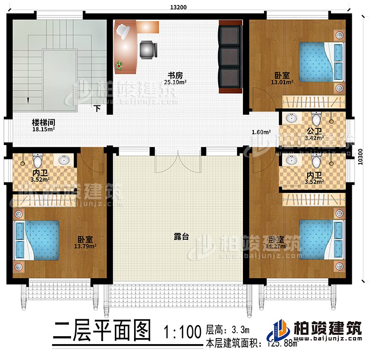 二層：書(shū)房、樓梯間、3臥室、公衛(wèi)、2內(nèi)衛(wèi)、露臺(tái)