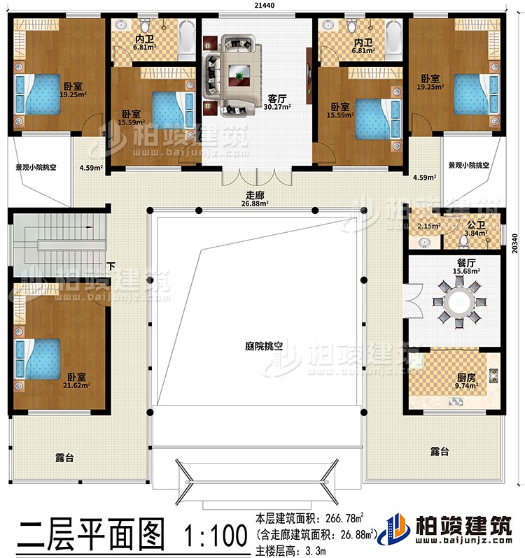 二層：客廳、餐廳、廚房、5臥室、2內(nèi)衛(wèi)、公衛(wèi)、2露臺、庭院挑空、2景觀小院挑空