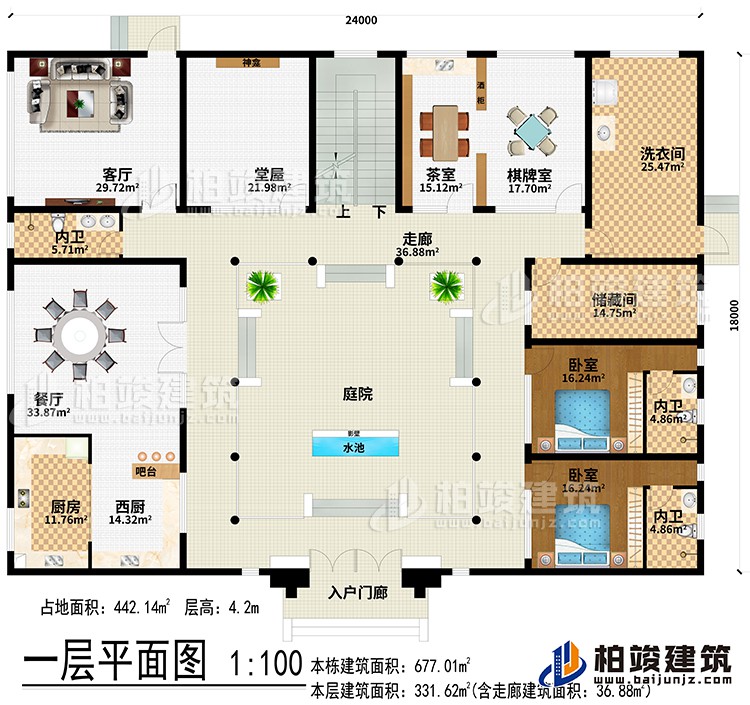 一層：入戶門廊、水池、影壁、庭院、走廊、西廚、廚房、餐廳、吧臺、客廳、堂屋、神龕、茶室、棋牌室、洗衣間、儲藏間、2臥室、3內(nèi)衛(wèi)