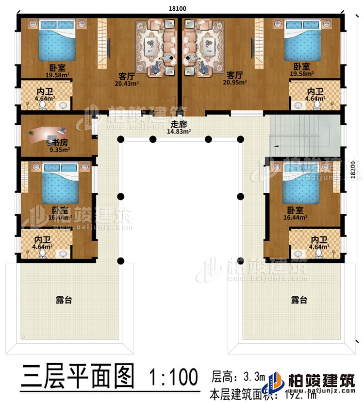 三層：2客廳、4臥室、書房、走廊、2露臺(tái)、4內(nèi)衛(wèi)