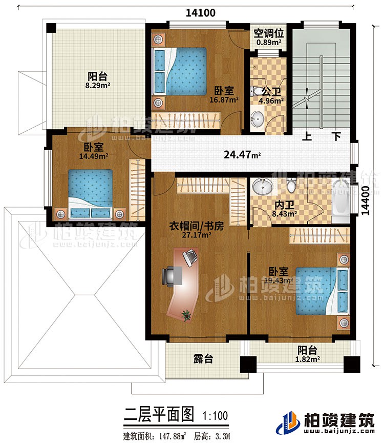 二層：3臥室、衣帽間/書房、內(nèi)衛(wèi)、公衛(wèi)、空調(diào)位、2陽(yáng)臺(tái)、露臺(tái)