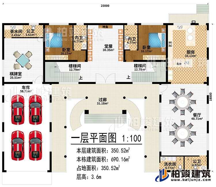 一層：過廊、堂屋、神龕、2樓梯間、廚房、餐廳、棋牌室、車庫、茶水間、2公衛(wèi)、洗衣房、2臥室、2內(nèi)衛(wèi)