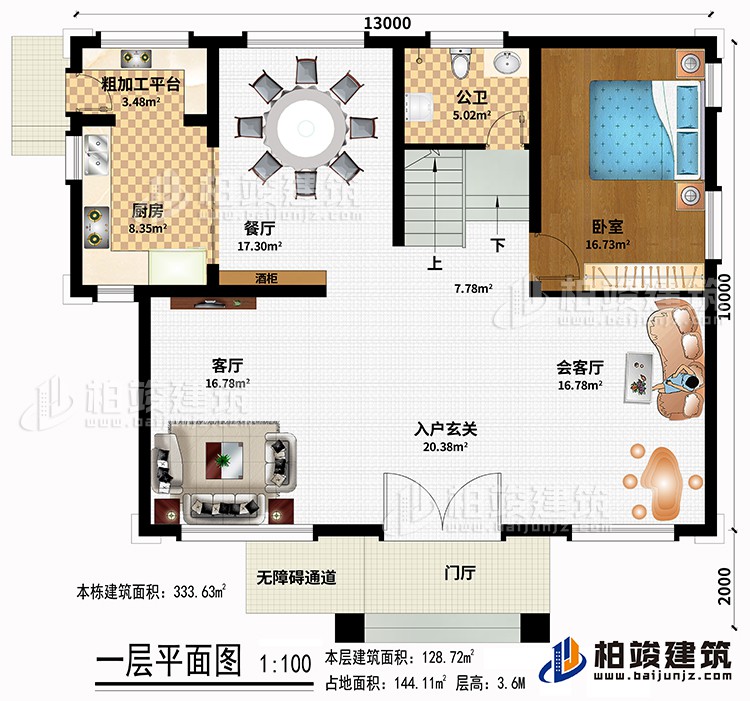一層：門廳、無障礙通道、酒柜、入戶玄關(guān)、會客廳、客廳、廚房、餐廳、粗加工平臺、臥室、公衛(wèi)