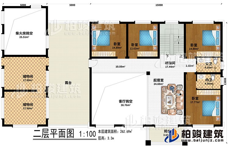二層：起居室、樓梯間、2儲物間、客廳挑空、柴火房挑空、4臥室、公衛(wèi)、內(nèi)衛(wèi)、露臺、陽臺