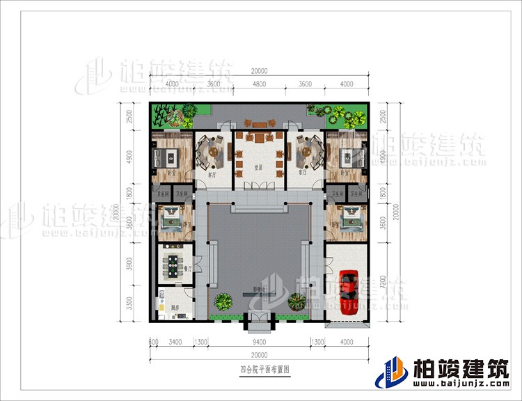 一層：影壁墻、車庫、廚房、餐廳、4臥室、4內(nèi)衛(wèi)、2客廳、堂屋、后花園