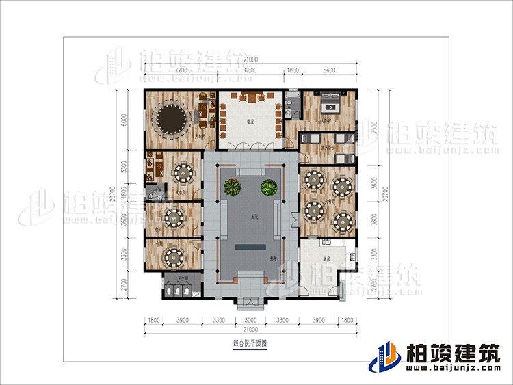 一層：大餐廳、2包間、2大餐廳、2內(nèi)衛(wèi)、堂屋、臥室、工人臥室、公衛(wèi)、庭院、影壁墻