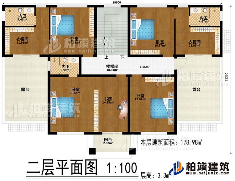 二層：樓梯間、4臥室、書房、2衣帽間、3內(nèi)衛(wèi)、2露臺、陽臺