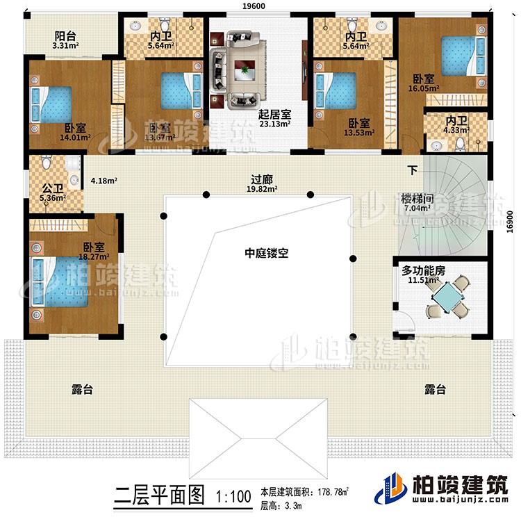 二層：起居室、中庭、過廊、樓梯間、5臥室、公衛(wèi)、3內(nèi)衛(wèi)、2露臺、陽臺、多功能房