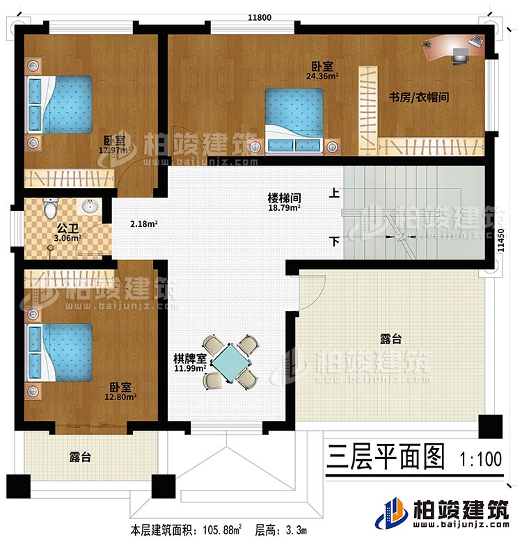 三層：棋牌室、樓梯間、3臥室、書房/衣帽間、公衛(wèi)、2露臺