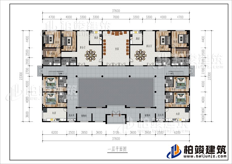 一層：2儲(chǔ)物間、2洗衣間、2灶房、8臥室、2衣帽間、2公衛(wèi)、6內(nèi)衛(wèi)、2廚房、2宴會(huì)廳、堂屋