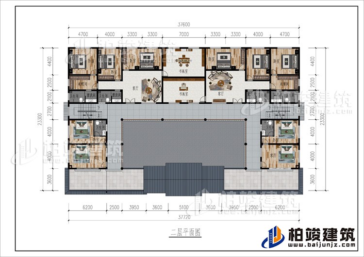 二層：2客廳、2書畫室、公衛(wèi)、10臥室、2衣帽間、4內(nèi)衛(wèi)、2露臺(tái)