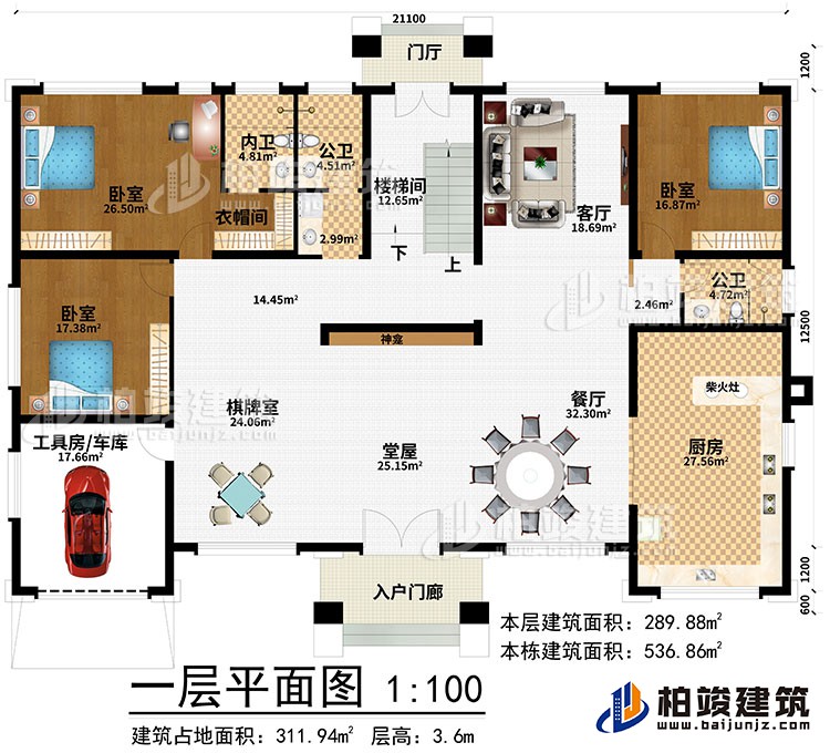 一層：入戶門廊、門廳、堂屋、神龕、棋牌室、餐廳、廚房、客廳、樓梯間、工具房/車庫、3臥室、衣帽間、內(nèi)衛(wèi)、2公衛(wèi)