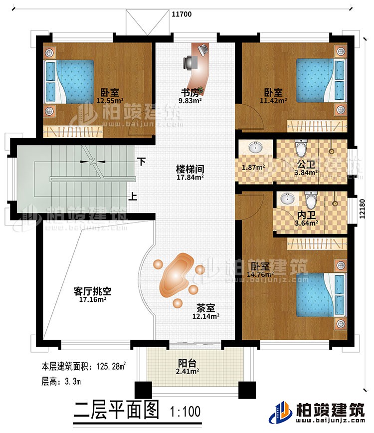 二層：樓梯間、書房、茶室、客廳挑空、3臥室、公衛(wèi)、內(nèi)衛(wèi)、陽臺(tái)