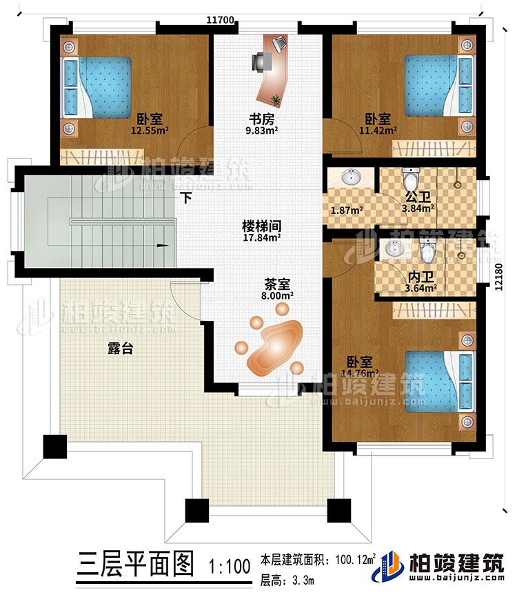 三層：樓梯間、書房、茶室、3臥室、公衛(wèi)、內(nèi)衛(wèi)、露臺(tái)