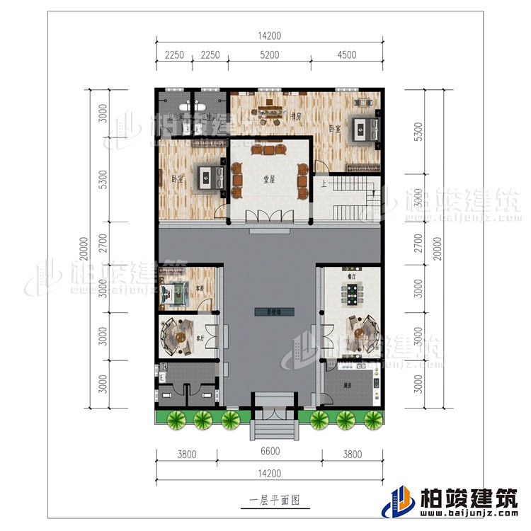 一層：廚房、2客廳、餐廳、公衛(wèi)、3臥室、影壁墻、堂屋、書房、2內衛(wèi)