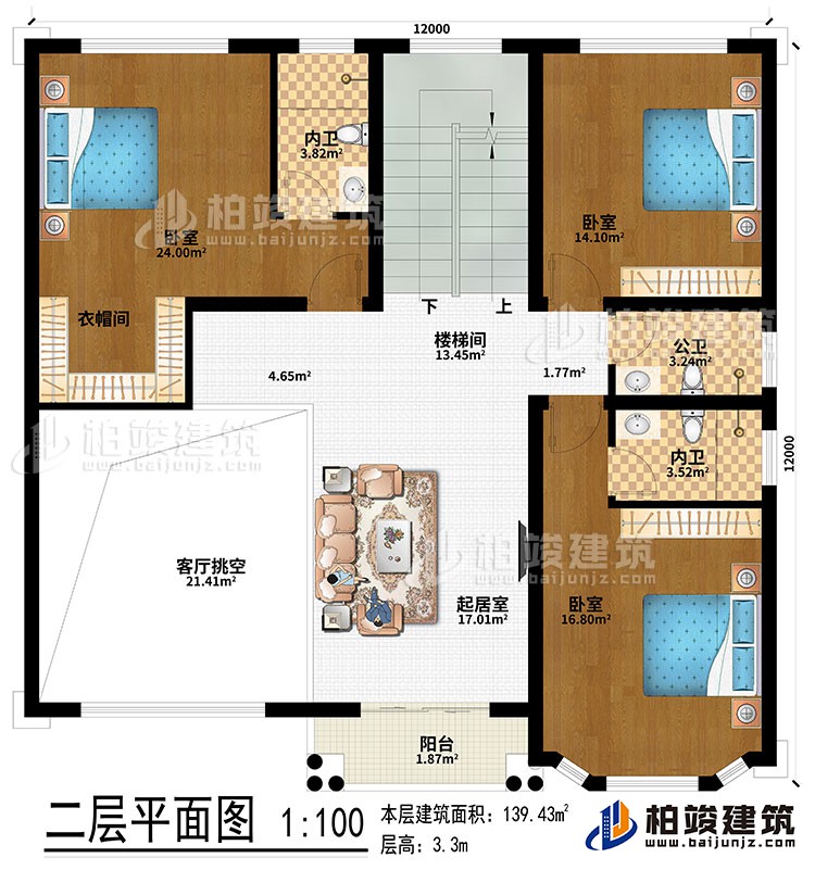 二層：客廳挑空、起居室、樓梯間、3臥室、衣帽間、2內(nèi)衛(wèi)、公衛(wèi)、陽(yáng)臺(tái)