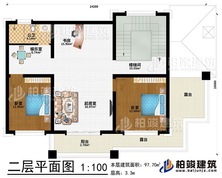 二層：起居室、書(shū)房、娛樂(lè)室、2臥室、樓梯間、公衛(wèi)、陽(yáng)臺(tái)、2露臺(tái)