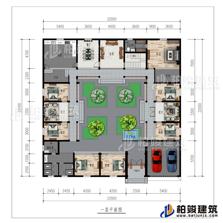 一層：廣亮大門、車庫、書房、公衛(wèi)、7臥室、2客廳、餐廳、廚房、堂屋、2天井、內(nèi)衛(wèi)、荷花魚池