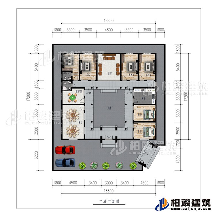 一層：車庫、餐廳、棋牌室、廚房、正廳、6臥室、公衛(wèi)、內(nèi)衛(wèi)