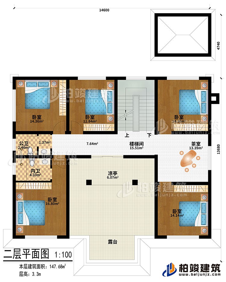 二層：樓梯間、茶室、涼亭、5臥室、公衛(wèi)、內(nèi)衛(wèi)、露臺(tái)