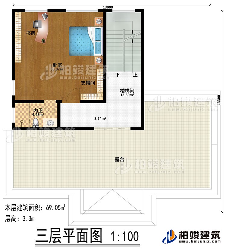 三層：樓梯間、臥室、衣帽間、內衛(wèi)、書房、露臺