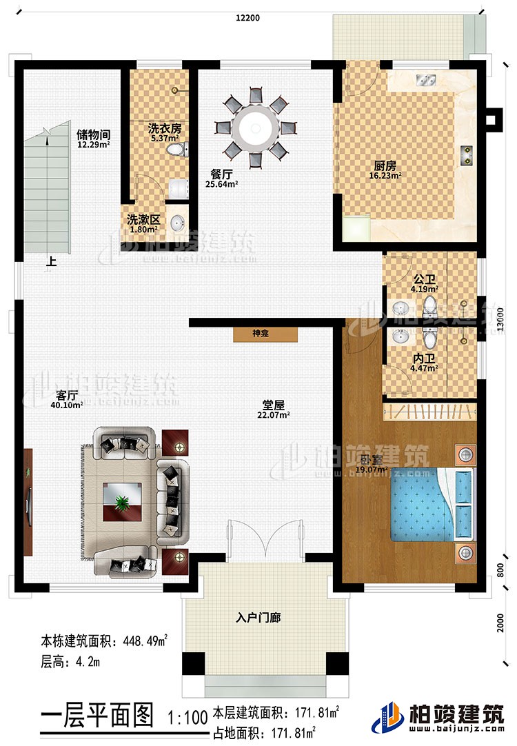一層：入戶門廊、堂屋、神龕、客廳、餐廳、廚房、臥室、公衛(wèi)、內(nèi)衛(wèi)、洗漱區(qū)、洗衣房、儲物間