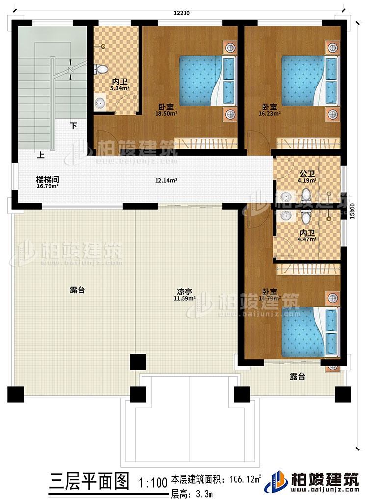 三層：樓梯間、3臥室、2內(nèi)衛(wèi)、公衛(wèi)、涼亭、2露臺