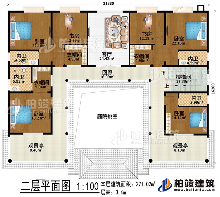 二層：庭院挑空、回廊、客廳、樓梯間、4臥室、3衣帽間、2書房、4內(nèi)衛(wèi)、2觀景亭