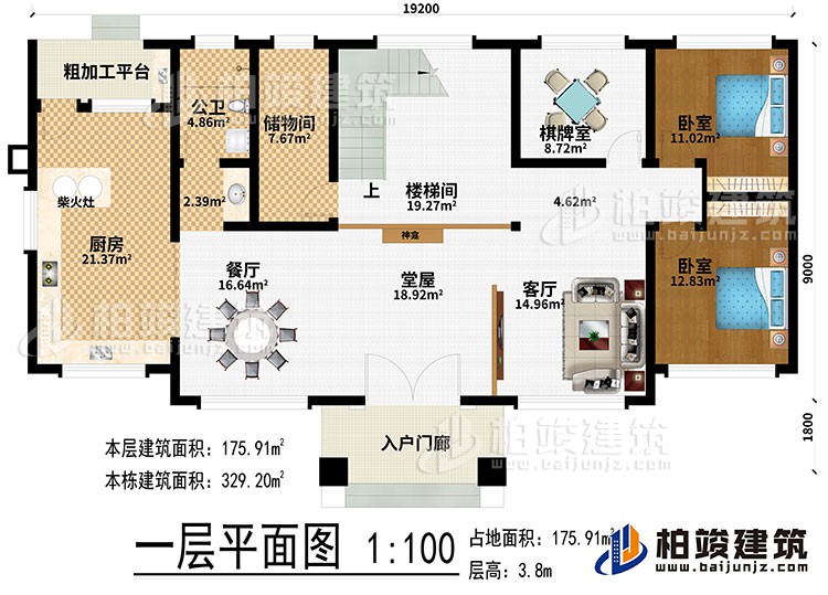 一層：入戶門廊、堂屋、神龕、客廳、餐廳、廚房、柴火灶、粗加工平臺(tái)、儲(chǔ)物間、樓梯間、棋牌室、2臥室、公衛(wèi)