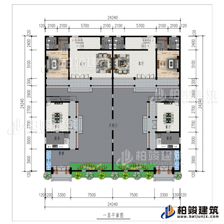 一層：月亮門、2廚房、2影壁、2餐廳、2客廳、2臥室、2衣柜、2內(nèi)衛(wèi)、2魚池