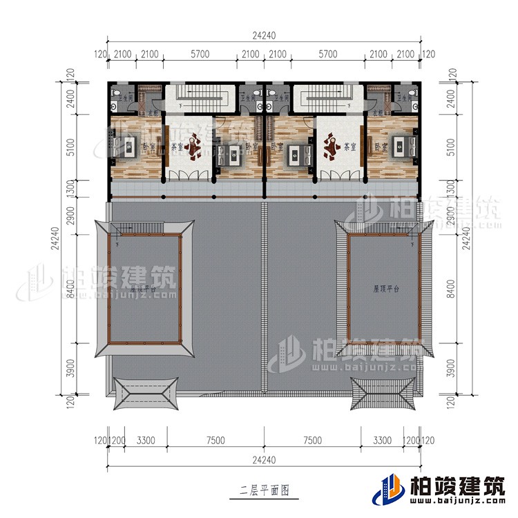 二層：2屋頂平臺、2茶室、4臥室、2衣柜、4內(nèi)衛(wèi)