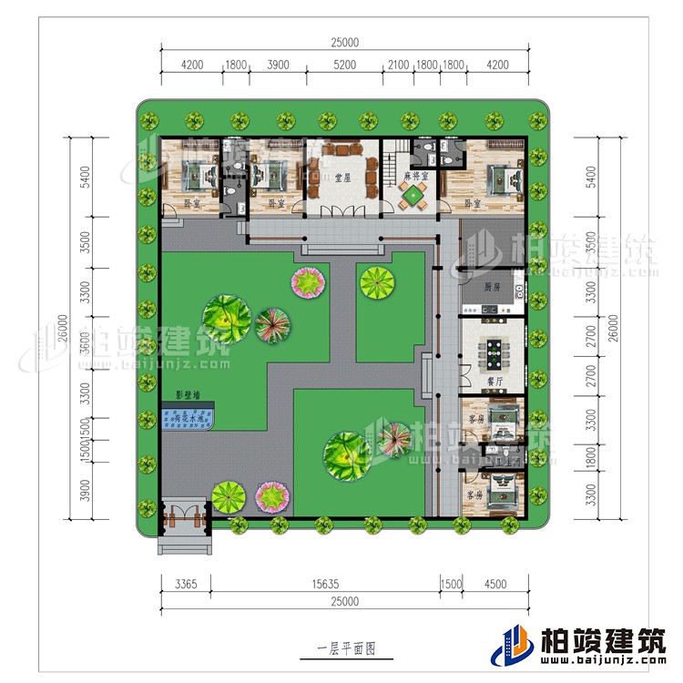 一層：影壁墻、花園、堂屋、廚房、餐廳、5臥室、2公衛(wèi)、2內(nèi)衛(wèi)、麻將室