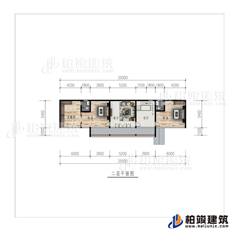 二層：過廳、客廳、衣帽間、2臥室