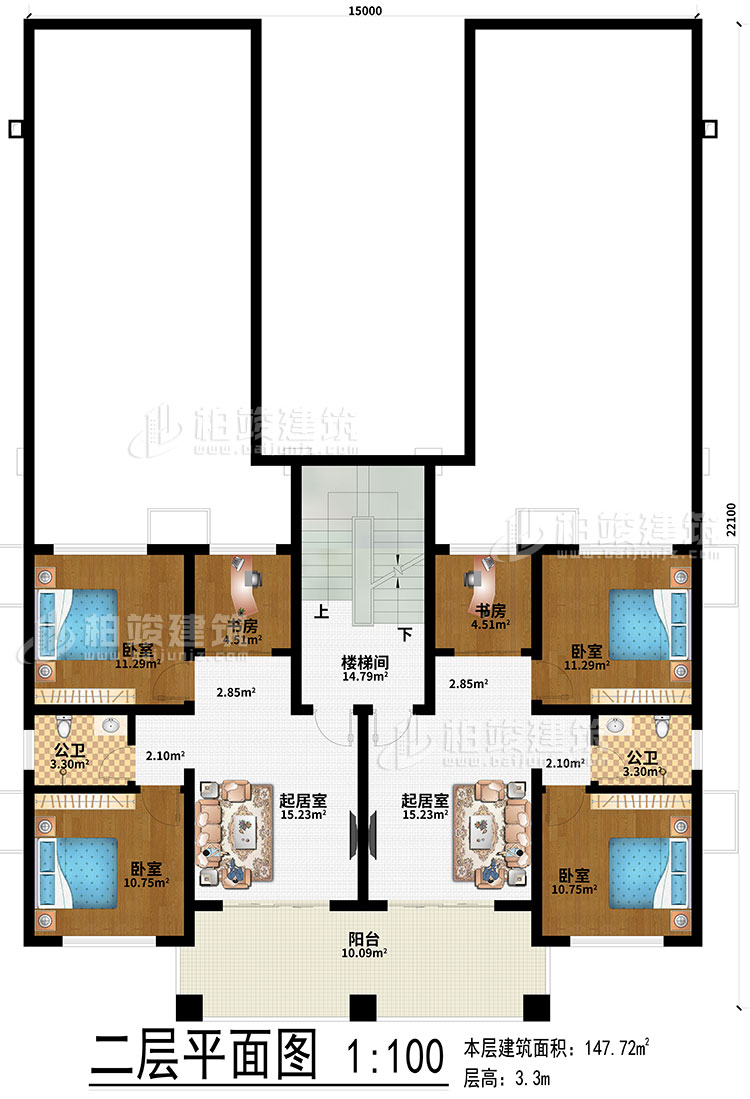二層：2起居室、2書房、4臥室、2公衛(wèi)、樓梯間、陽臺