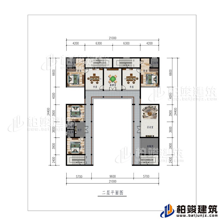 二層：棋牌室、2書房、活動室、雜物間、4臥室、4內(nèi)衛(wèi)、過廊