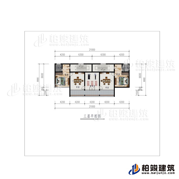 三層：2臥室、健身房、2書房、2內(nèi)衛(wèi)