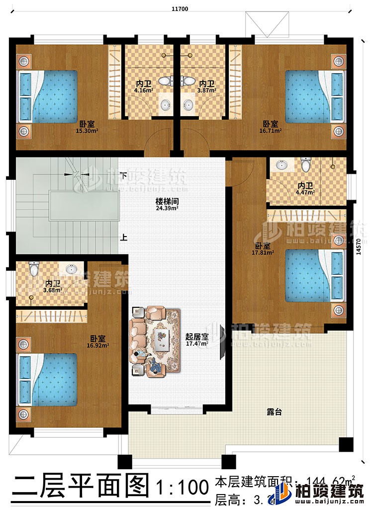 二層：起居室、樓梯間、4臥室、4內(nèi)衛(wèi)、露臺(tái)