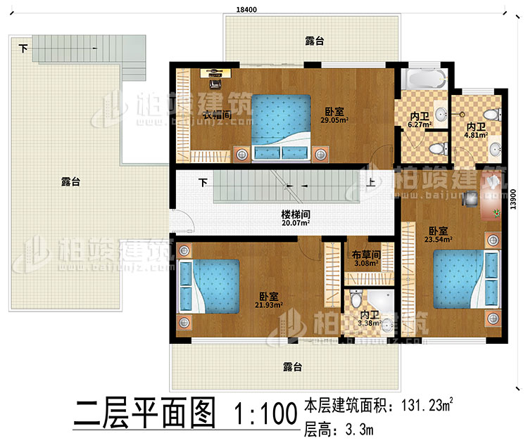 二層：樓梯間、3臥室、衣帽間、布草間、3內(nèi)衛(wèi)、3露臺(tái)