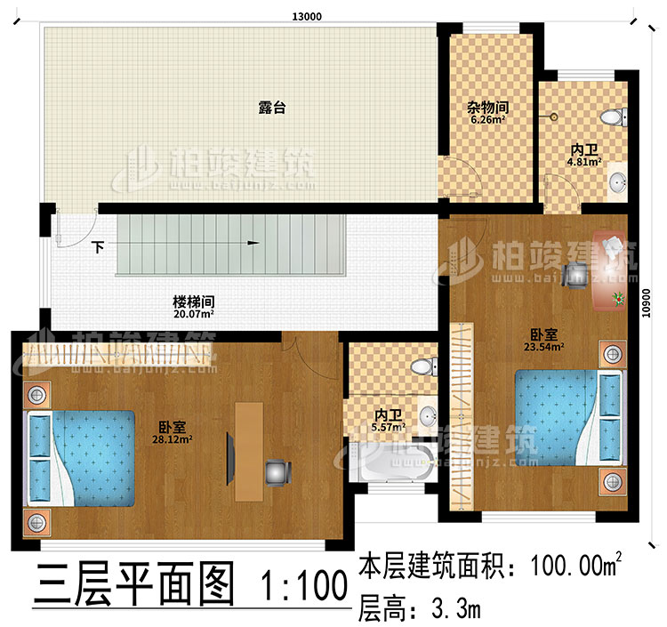 三層：2臥室、樓梯間、露臺(tái)、2內(nèi)衛(wèi)、雜物間