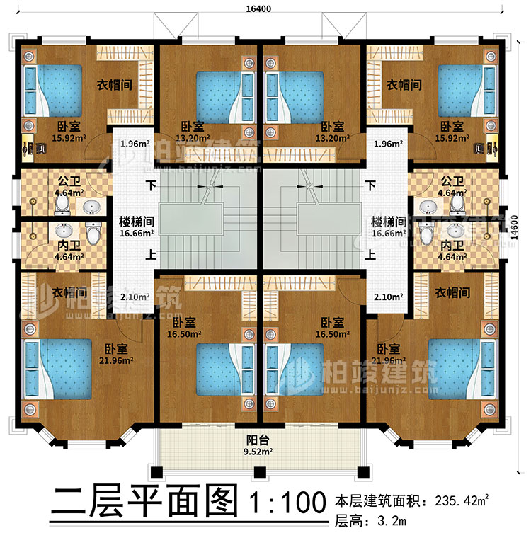二層：2樓梯間、8臥室、4衣帽間、2公衛(wèi)、2內(nèi)衛(wèi)、陽臺