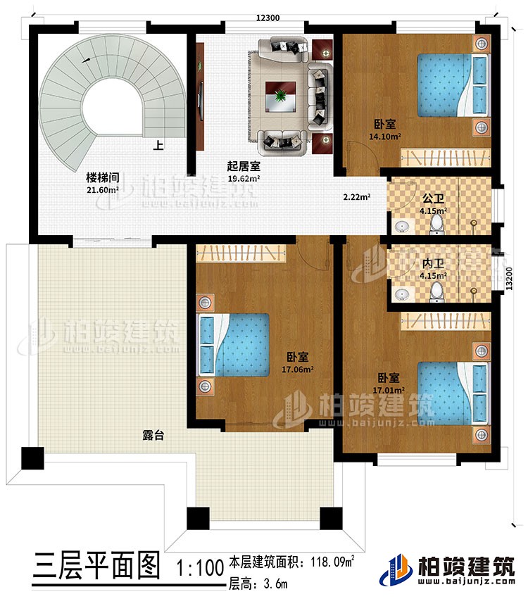 三層：樓梯間、起居室、3臥室、公衛(wèi)、內(nèi)衛(wèi)、露臺