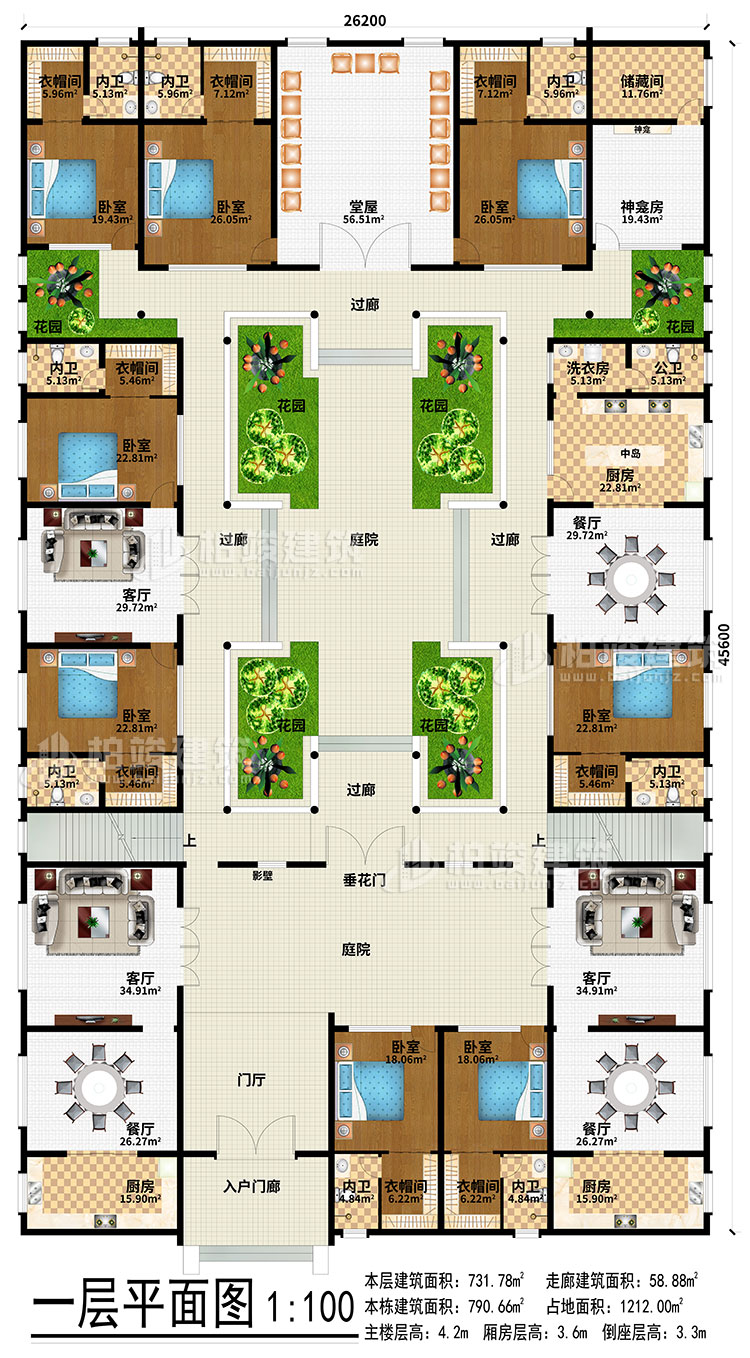 一層：入戶門廊、門廳、3餐廳、3廚房、3客廳、堂屋、神龕、神龕房、儲(chǔ)物間、6花園、4過廊、2庭院、影壁、垂花門、中島、洗衣房、公衛(wèi)、8臥室、8衣帽間、8內(nèi)衛(wèi)