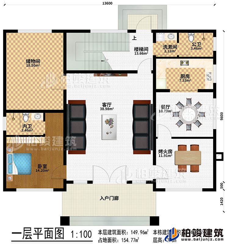 一層：入戶門廊、客廳、樓梯間、儲物間、廚房、餐廳、烤火房、公衛(wèi)、洗漱間、臥室、內(nèi)衛(wèi)