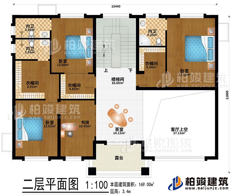二層：茶室、樓梯間、客廳上空、3臥室、3衣帽間、書房、3內(nèi)衛(wèi)、露臺(tái)