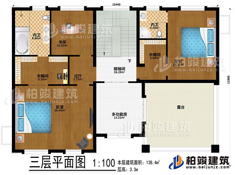 三層：2臥室、2衣帽間、過廳、書房、2內(nèi)衛(wèi)、多功能房、樓梯間、露臺(tái)