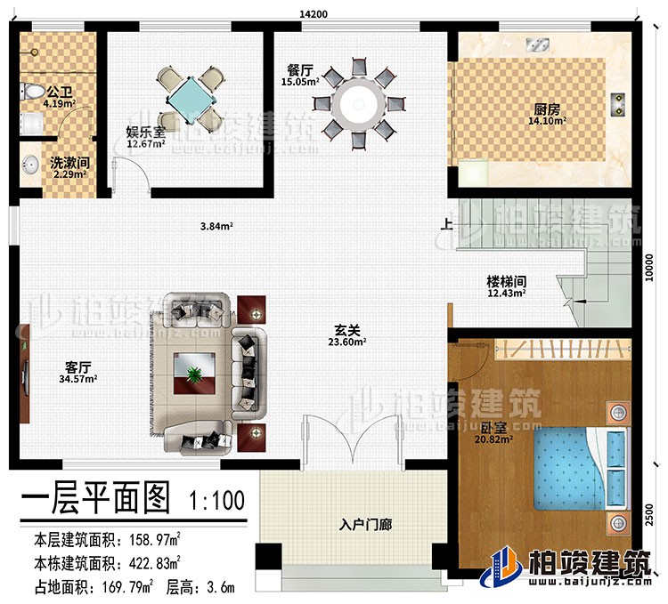 一層：入戶門廊、玄關(guān)、客廳、餐廳、廚房、娛樂室、樓梯間、臥室、洗漱間、公衛(wèi)