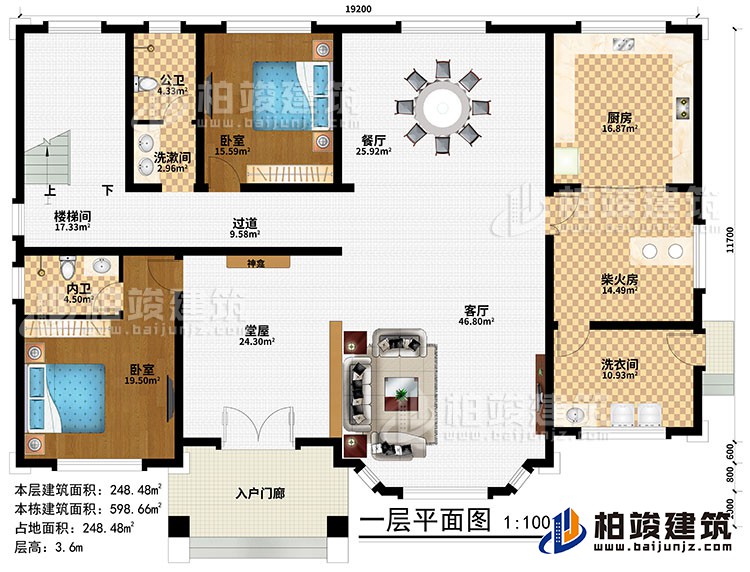 一層：入戶(hù)門(mén)廊、堂屋、神龕、客廳、餐廳、廚房、柴火房、2臥室、洗漱間、洗衣間、公衛(wèi)、內(nèi)衛(wèi)、過(guò)道、樓梯間